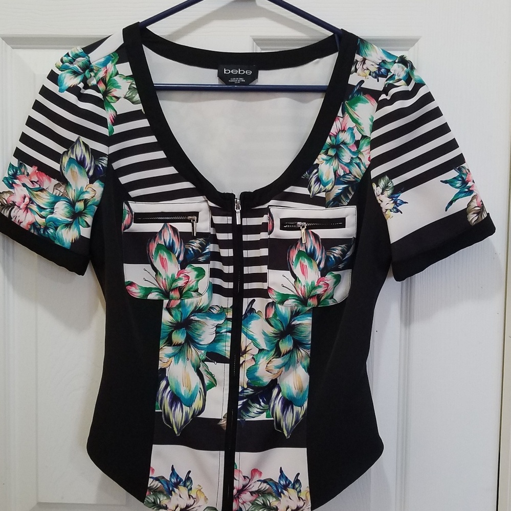 SOLD: bebe floral/stripes zip up top